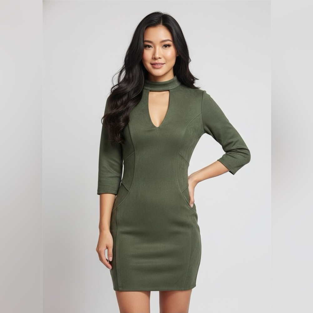 Bebe Olive Green Suede Dress with 3/4 Sleeves